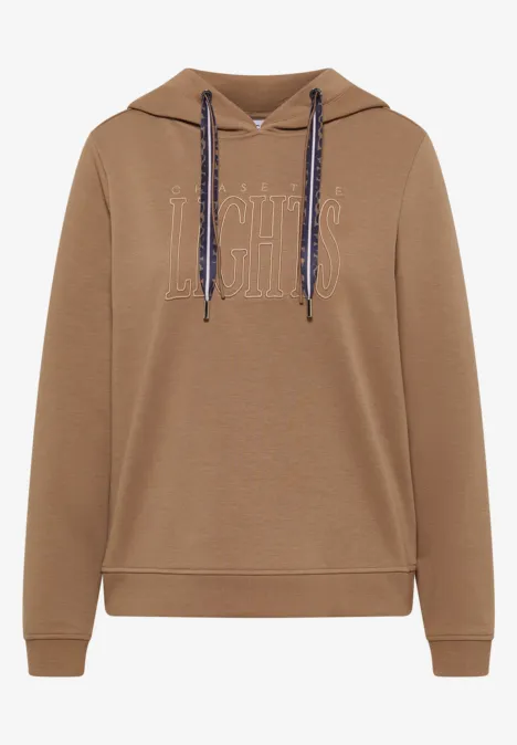 Sweatshirt mit Kapuze und Wording creamy mocha Brauner Kapuzenpullover mit aufgesticktem Schriftzug, kontrastfarbenen Kordeln und gerippten Bündchen