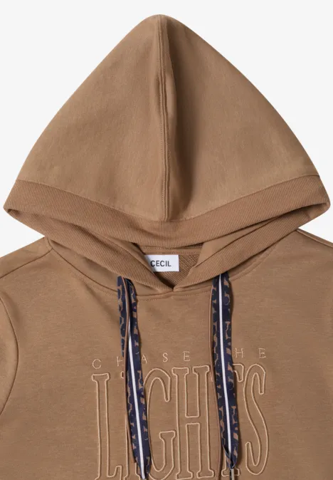 Sweatshirt mit Kapuze und Wording creamy mocha Brauner Kapuzenpullover mit kontrastfarbigen Kordeln und angesetzter Kapuze.