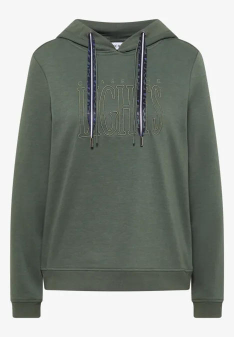 Sweatshirt mit Kapuze und Wording dried olive green Dunkelgrüner Kapuzenpullover mit Fronttasche und verstellbaren Kordeln.