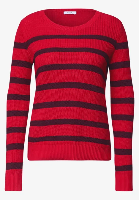 Rundhals-Pullover mit roten und schwarzen Querstreifen, langärmelig.