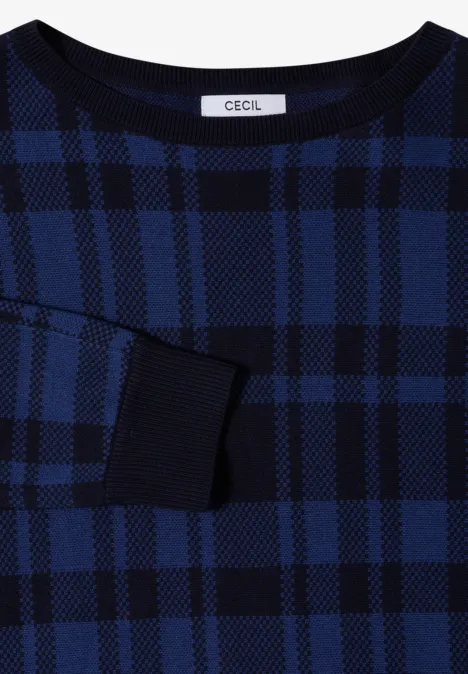 Sweter z rękawem typu dolman w kratkę urban dark blue Niebiesko-czarny sweter w kratę z długimi rękawami od CECIL, miękki materiał i modny wzór.