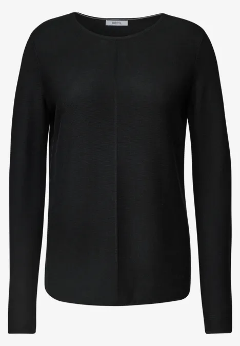 Pull noir à manches longues, encolure ronde et couture centrale sur le devant.