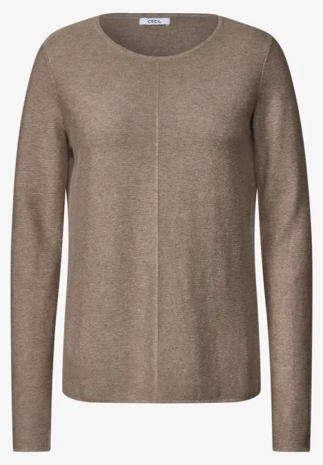 Pull femme beige-brun simple à col rond et manches longues