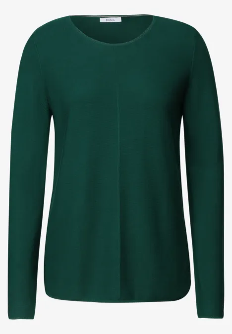 Dunkelgrüner Damenpullover mit Rundhalsausschnitt und langen Ärmeln.