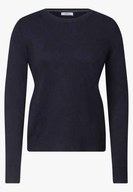 Ein dunkelblauer Pullover mit Rundhalsausschnitt und langen Ärmeln.