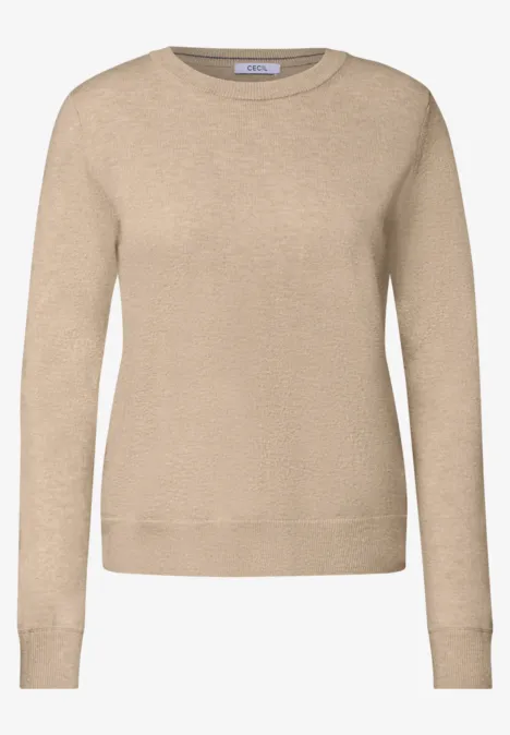 Pull uni à col rond cashew beige melange Beiger Rundhalspullover mit langen Ärmeln.