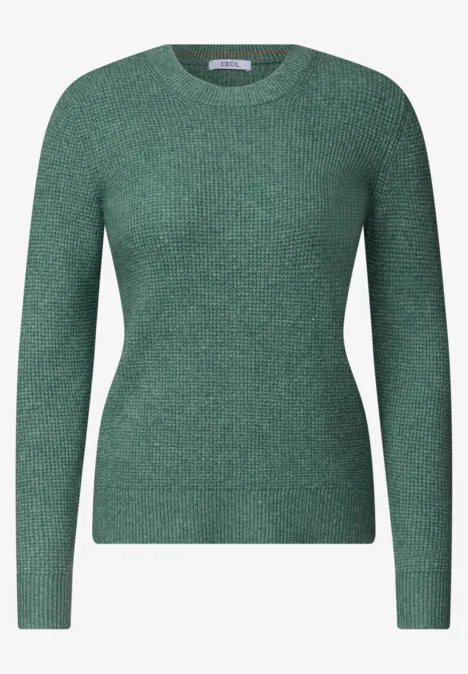 Pullover mit Rundhals und Struktur jewel green melange Schlichter grüner Pullover mit Rundhalsausschnitt und feiner Strickstruktur.