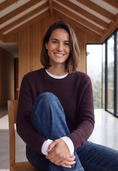 Pull à col rond et texturé eggplant red melange Personne souriante en jean et pull foncé, assise dans un intérieur en bois moderne et lumineux.