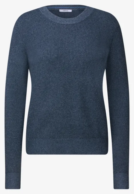 Dunkelblauer Feinstrick-Pullover mit Rundhalsausschnitt und langen Ärmeln.