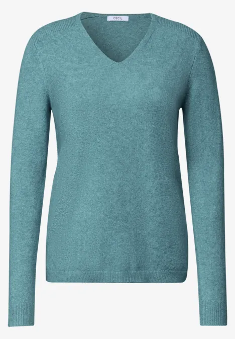 Langarm Pullover mit V-Neck multi lapis melange Türkisfarbener Pullover mit V-Ausschnitt und langen Ärmeln, feines Strickmaterial.