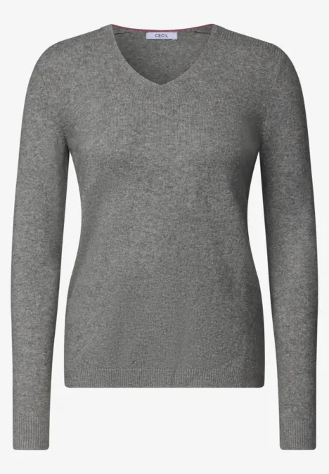 Langarm Pullover mit V-Neck sporty grey melange Grau melierter Damenpullover mit V-Ausschnitt und langen Ärmeln.