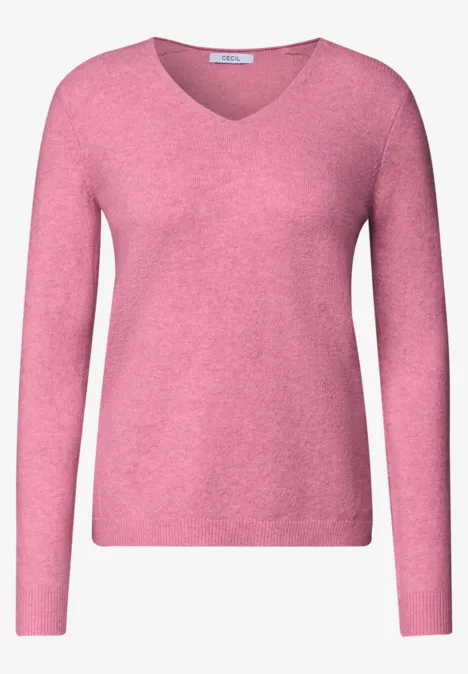 Langarm Pullover mit V-Neck dark blossom melange Eleganter rosa Strickpullover für Damen mit V-Ausschnitt und langen Ärmeln.