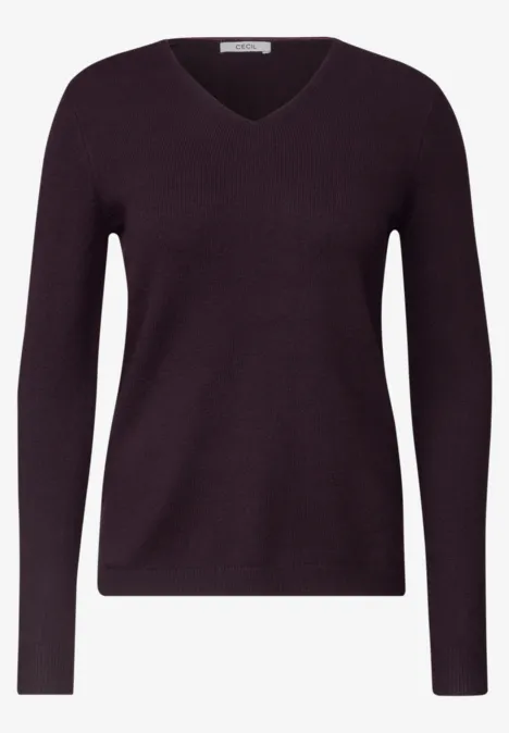 Langarm Pullover mit V-Neck eggplant red melange Damenpullover mit V-Ausschnitt und langen Ärmeln, feiner Strick in dunklem Brombeerfarbton