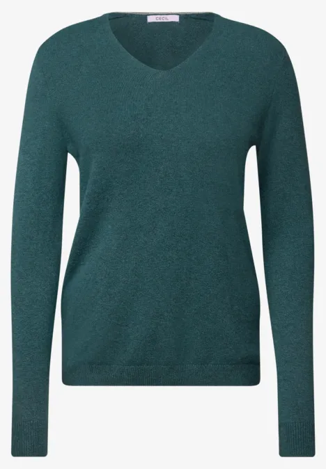 Langarm Pullover mit V-Neck dark sea green melange Ein tealgrüner Pullover mit V-Ausschnitt und langen Ärmeln.