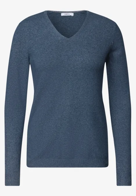 Schlichter dunkelblauer Pullover mit V-Ausschnitt und langen Ärmeln.