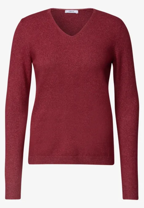 Langarm Pullover mit V-Neck rhubarb melange Roter Pullover mit V-Ausschnitt und langen Ärmeln.