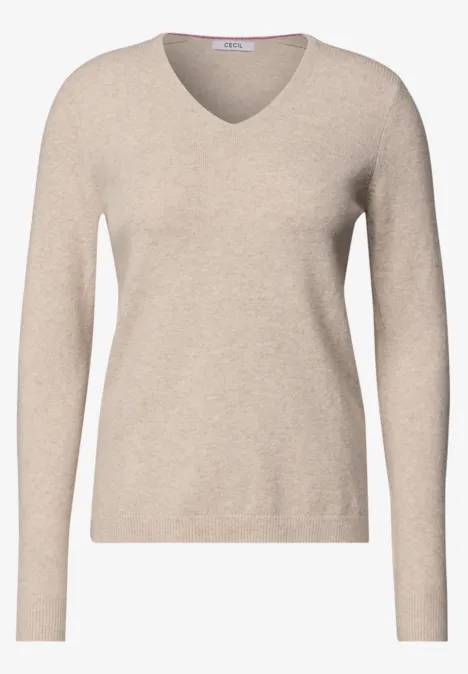 Beiger Langarmpullover mit V-Ausschnitt für Damen