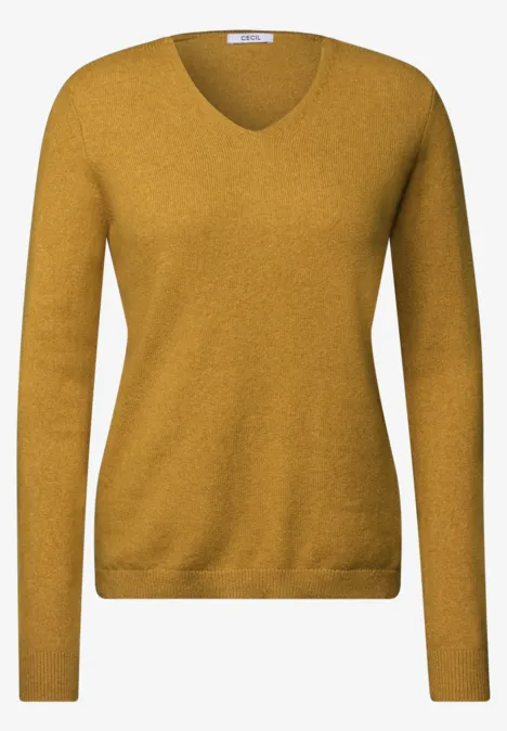 Pull femme jaune moutarde à col en V et manches longues
