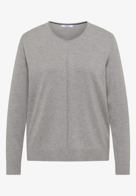 Basic Pullover mit V-Neck in Unifarbe mineral grey melange Hellgrauer Pullover mit Rundhalsausschnitt und dezentem Ziernaht-Detail mittig.