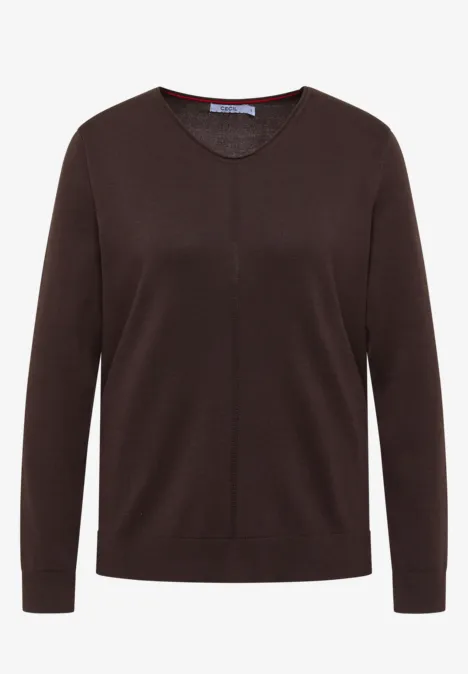 Eenvoudige trui met V-hals in effen kleur truffle brown Donkerbruin damestrui met V-hals, lange mouwen en centrale naad.