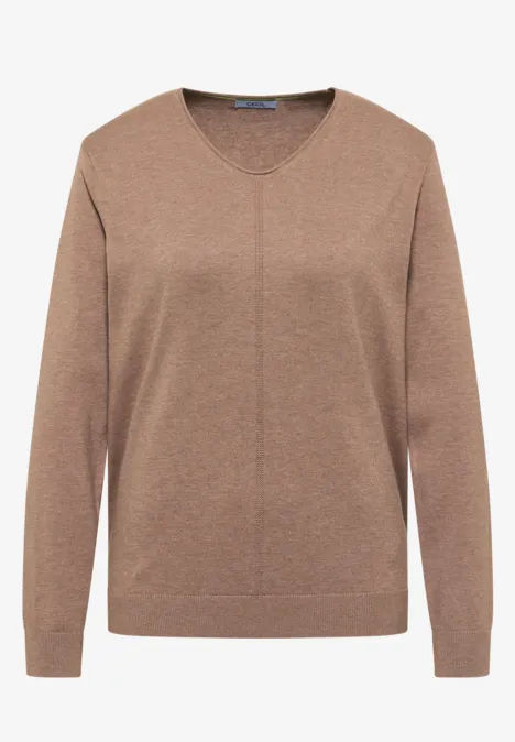 Eenvoudige trui met V-hals in effen kleur creamy mocha melange Bruine V-hals trui met lange mouwen.