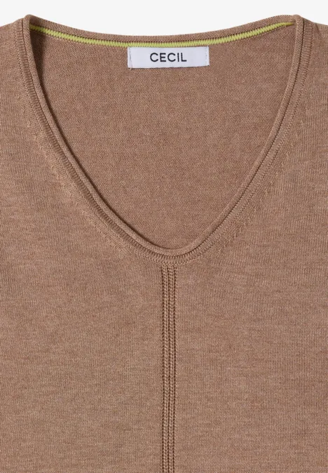 Eenvoudige trui met V-hals in effen kleur creamy mocha melange Bruine V-hals trui met fijn gebreid motief en merklapje