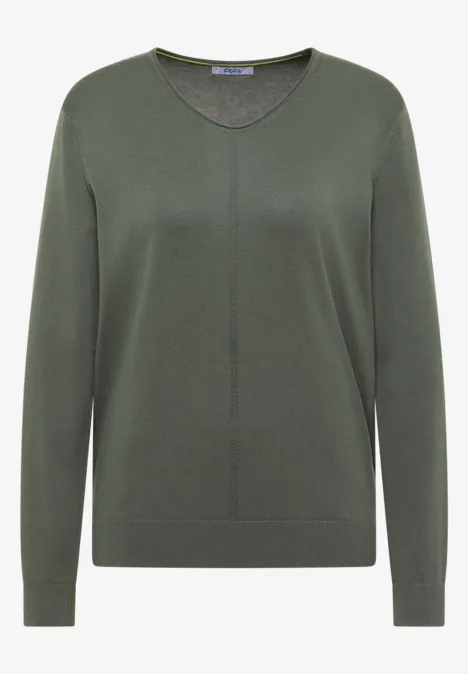 Eenvoudige trui met V-hals in effen kleur dried olive green Effen olijfgroene trui met ronde hals en lange mouwen.