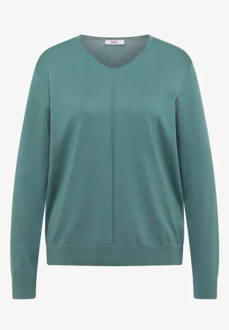 Basic Pullover mit V-Neck in Unifarbe mineral blue Ein schlichtes, grünes V-Ausschnitt-Pullover mit langen Ärmeln.