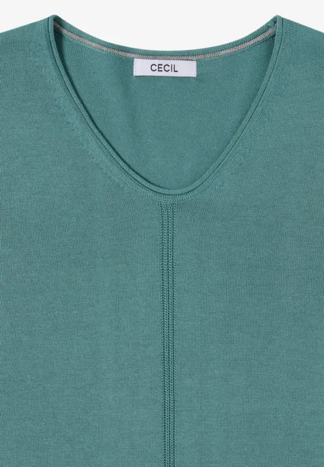 Basic Pullover mit V-Neck in Unifarbe mineral blue Dunkelgrüner V-Ausschnitt-Pullover mit CECIL-Label.