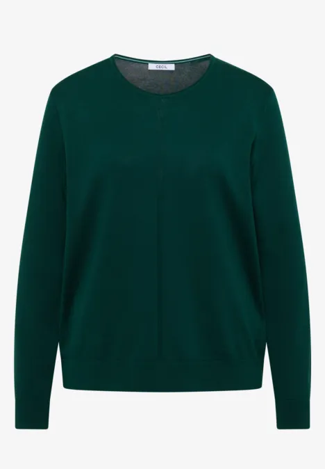 Pull couleur unie à col en V dark fir green Un pull vert foncé à col rond et manches longues, design épuré et intemporel.