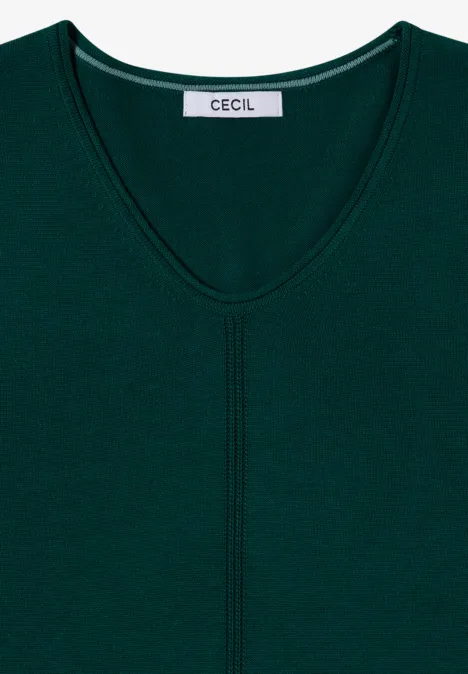 Pull couleur unie à col en V dark fir green Top vert foncé col V avec étiquette CECIL
