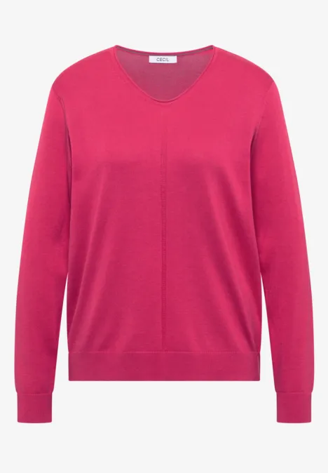 Basic Pullover mit V-Neck in Unifarbe pink flash Rosa Damenpullover mit V-Ausschnitt und langen Ärmeln