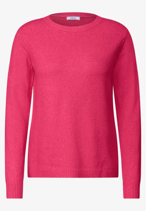 Effen trui met boothals cosy coral melange Een roze trui met ronde hals van zacht materiaal.