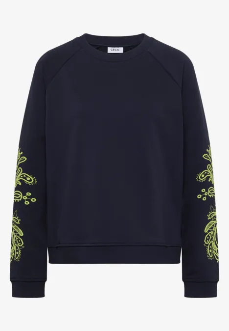 Sweatshirt mit Artwork am Ärmel urban dark blue Dunkelblauer Pullover mit neongrünen Bandana-Mustern auf den Ärmeln.