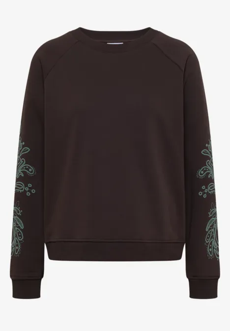 Sweatshirt mit Artwork am Ärmel truffle brown Schwarzes Sweatshirt mit Rundhalsausschnitt und filigratem grünem Muster an den Ärmeln.