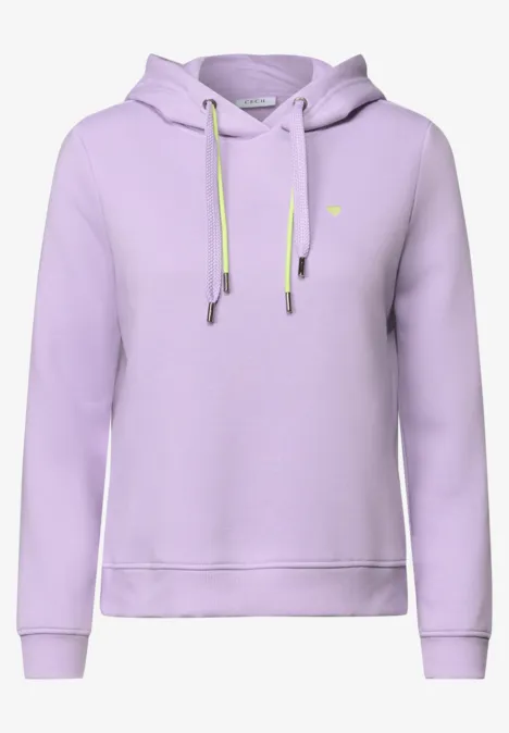 Sweat à capuche cool lilac Sweat à capuche couleur lavande clair, poche kangourou et cordons jaunes et blancs, sobre et confortable.