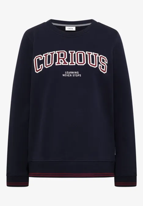Sweatshirt mit Rundhals und Stickerei urban dark blue Dunkelblauer Sweatshirt mit großem 'CURIOUS'-Schriftzug und farbigen Bündchenstreifen.