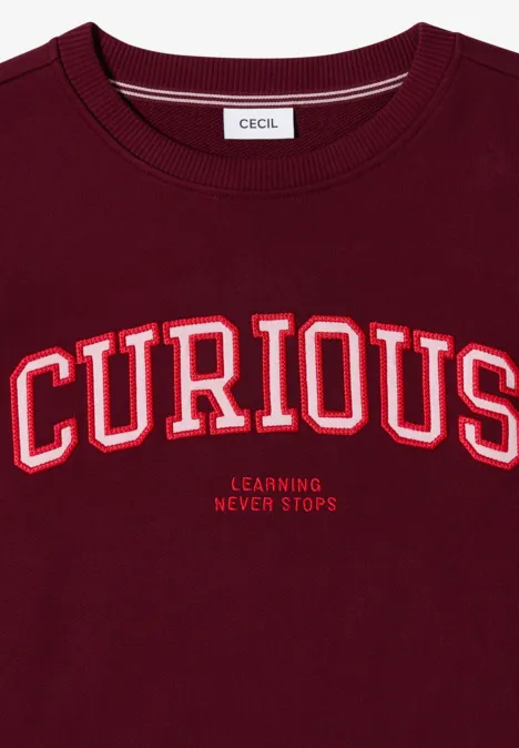 Ein weinrotes Sweatshirt mit großem Aufdruck "CURIOUS" und kleinem Schriftzug "Learning Never Stops"