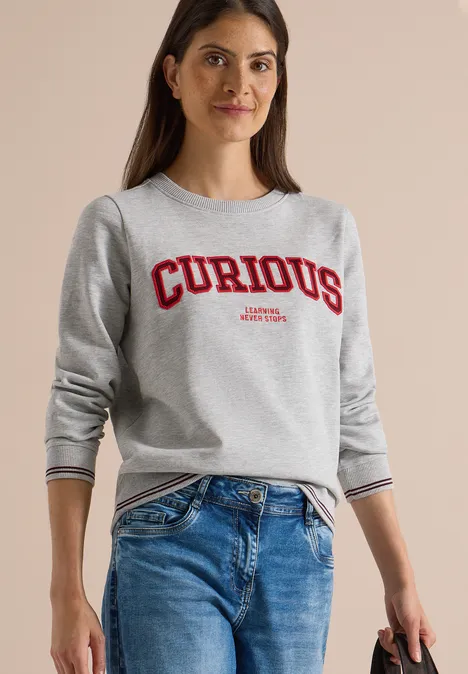 Sweatshirt mit Rundhals und Stickerei light grey melange Junge Frau in grauem Sweatshirt mit rotem 'CURIOUS'-Schriftzug und blauen Jeans.