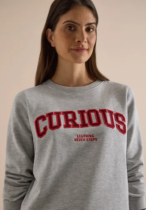 Sweatshirt mit Rundhals und Stickerei light grey melange Frau in grauem Pullover mit rotem 'CURIOUS'-Schriftzug und kleinem Text darunter.