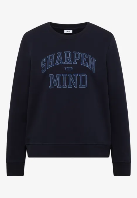 Dunkelblaues Sweatshirt mit Rundhalsausschnitt und Aufdruck 'SHARPEN YOUR MIND' auf der Vorderseite.