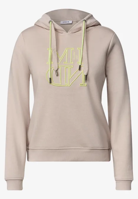 Beiger Hoodie mit neon-gelben Kordeln und spiegelverkehrtem »MIND«-Schriftzug.