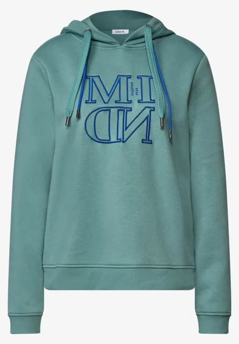 Sweatshirt met capuchon en Artwork mineral blue Grüner Kapuzenpullover mit blauer, teils spiegelverkehrter Aufschrift 'MIND'