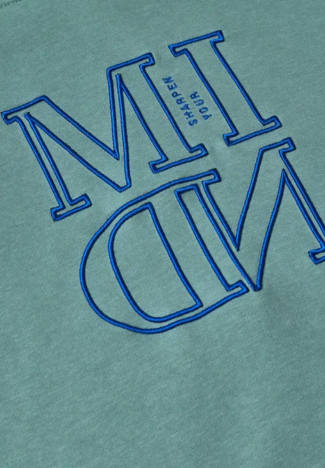 Sweatshirt met capuchon en Artwork mineral blue Mintgrünes T-Shirt mit großem blauen 'MID'-Schriftzug.