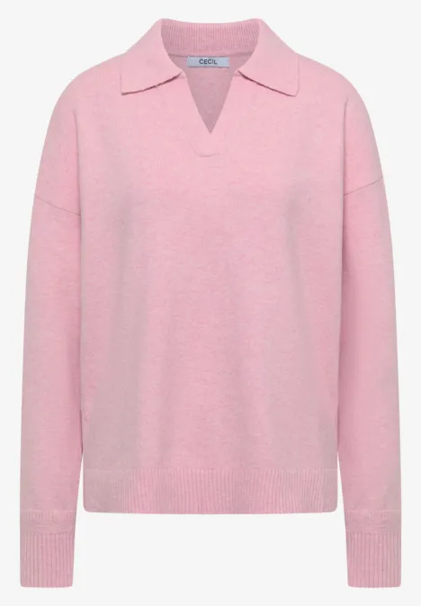 Trui met lange mouwen en polokraag mellow rose melange Roze trui met overhemdkraag en V-hals, lange mouwen