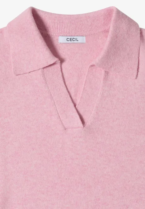 Trui met lange mouwen en polokraag mellow rose melange Roze gebreide polo met kentkraag en V-hals, merk CECIL.