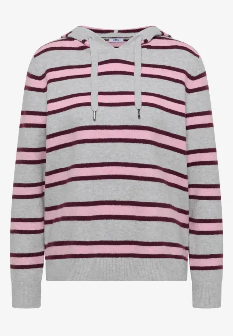 Trui met lange mouwen, capuchon en strepen light grey melange Grijze capuchontrui met paarse en roze strepen, lange mouwen en trekkoord.
