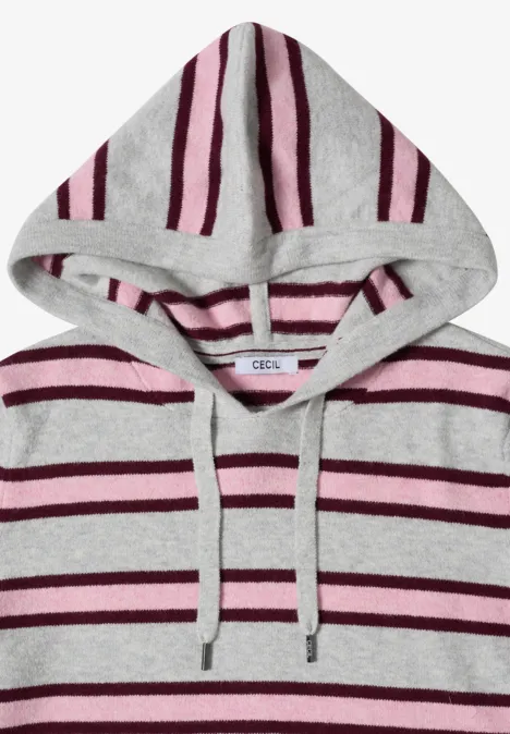 Trui met lange mouwen, capuchon en strepen light grey melange Grijze capuchontrui met lichtroze en bordeauxrode strepen.