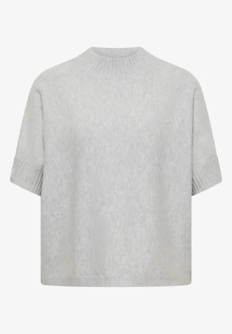 Dolman-trui met col light grey melange Graues Kurzarm-Strickshirt mit Rundhalsausschnitt und lockerem, kastigem Schnitt.