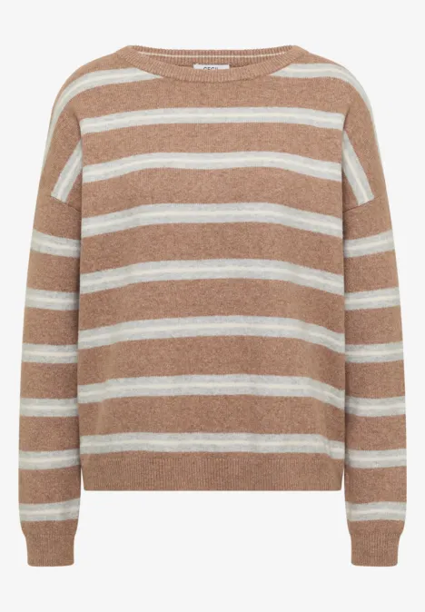 Hellbrauner Pullover mit weißen Querstreifen und Rundhalsausschnitt